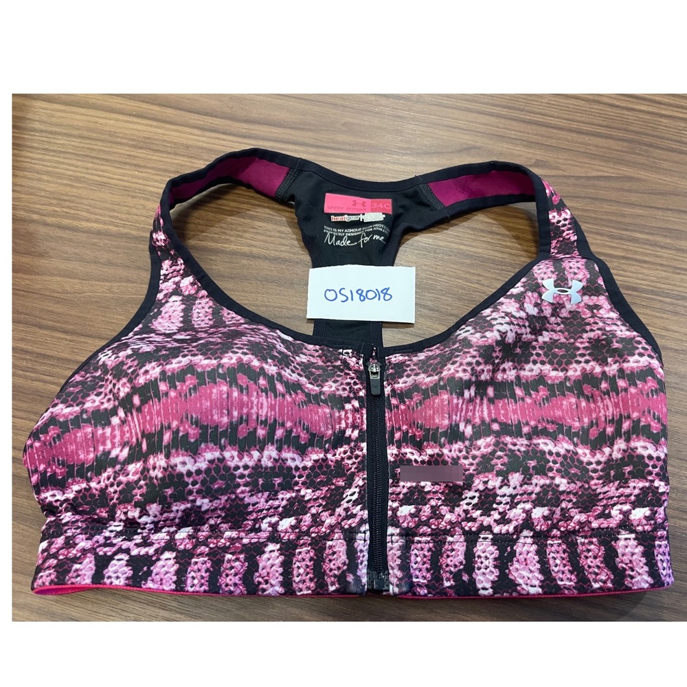 Under Armour HeatGear Front Zip Sport Bra Pink Black Snake Print 34C High Impact